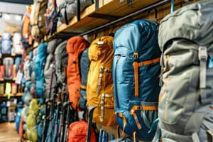 A well stocked isle of hiking and camping equipment, backpacks, trekking poles.