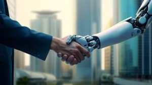 A human and robot shaking hands.