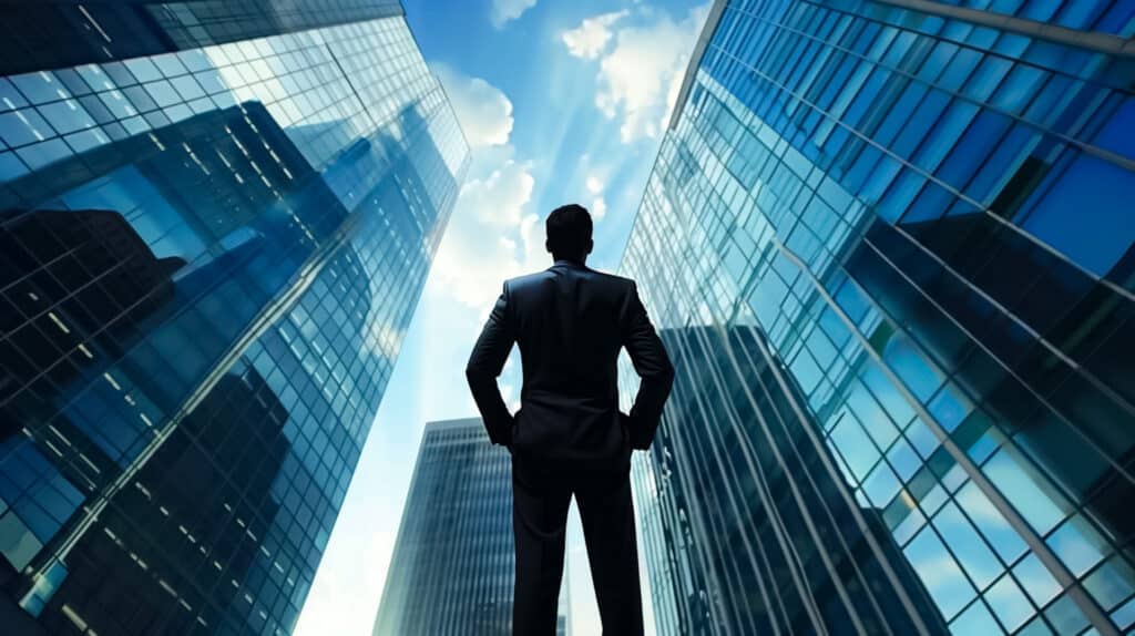 A man in a suit stands in front of a tall building, looking up at the sky