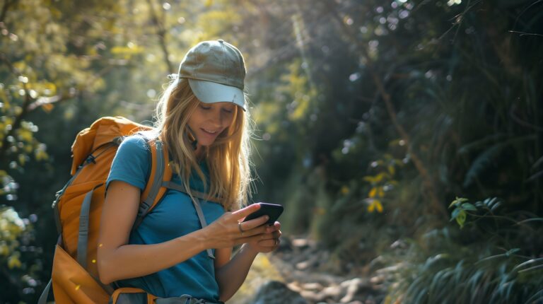 a woman hiking through a forest checks her phone.