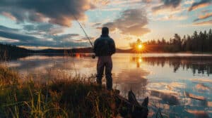 A man fishing at sunset.