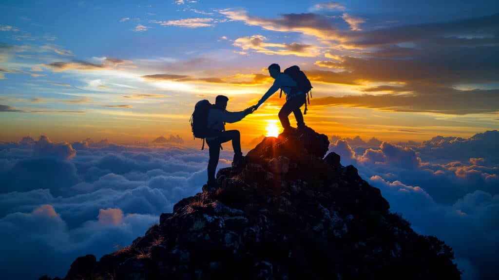 Two people climb to the top of a mountain together