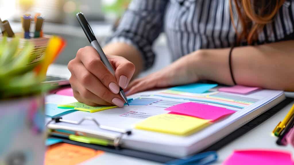 Woman writing notes during work. Colorful sticky notes and planner on desk. A busy and organized workspace.